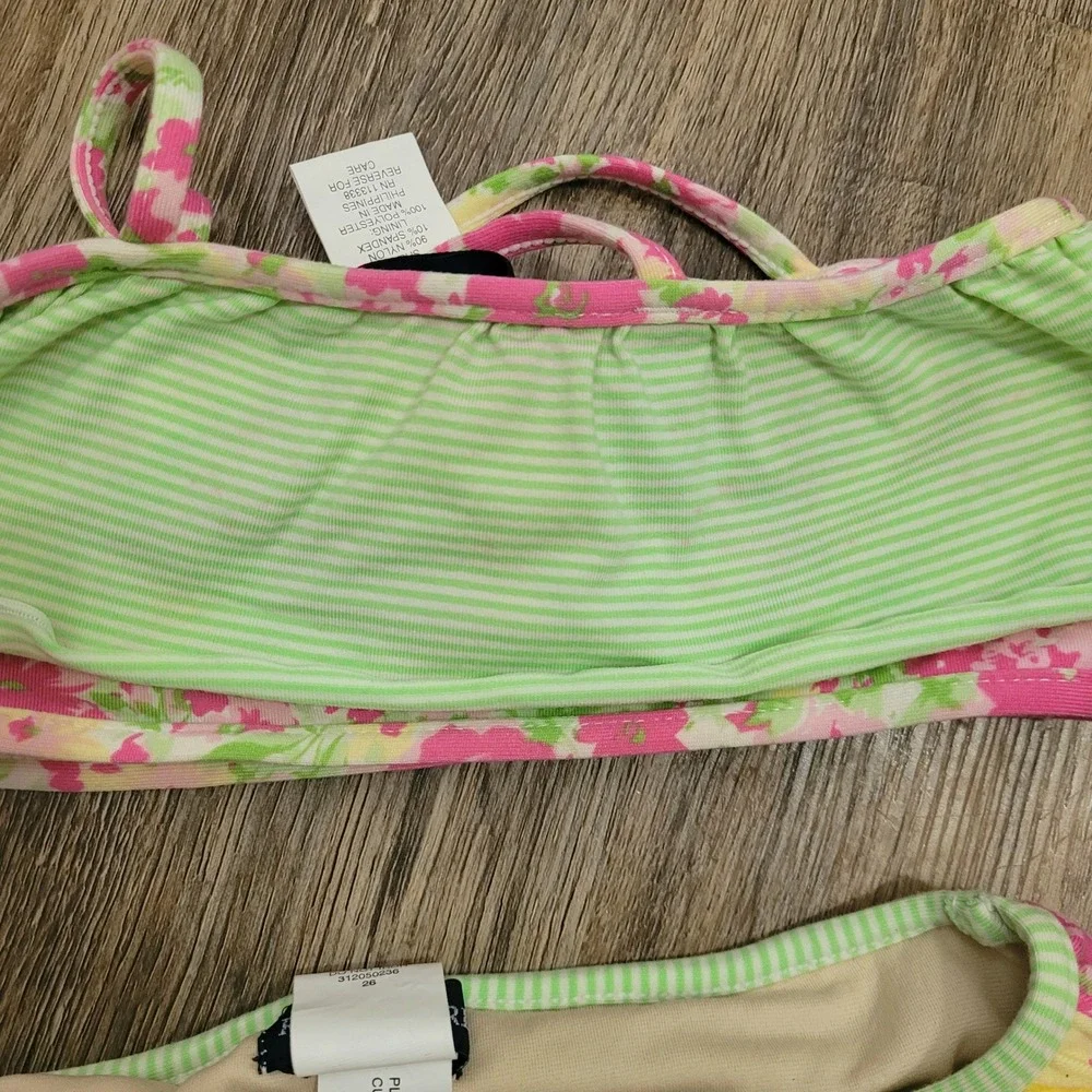 Ralph Lauren Girls Pink Green Floral Striped Ruffle Skirted Bikini Swimsuit 6‎